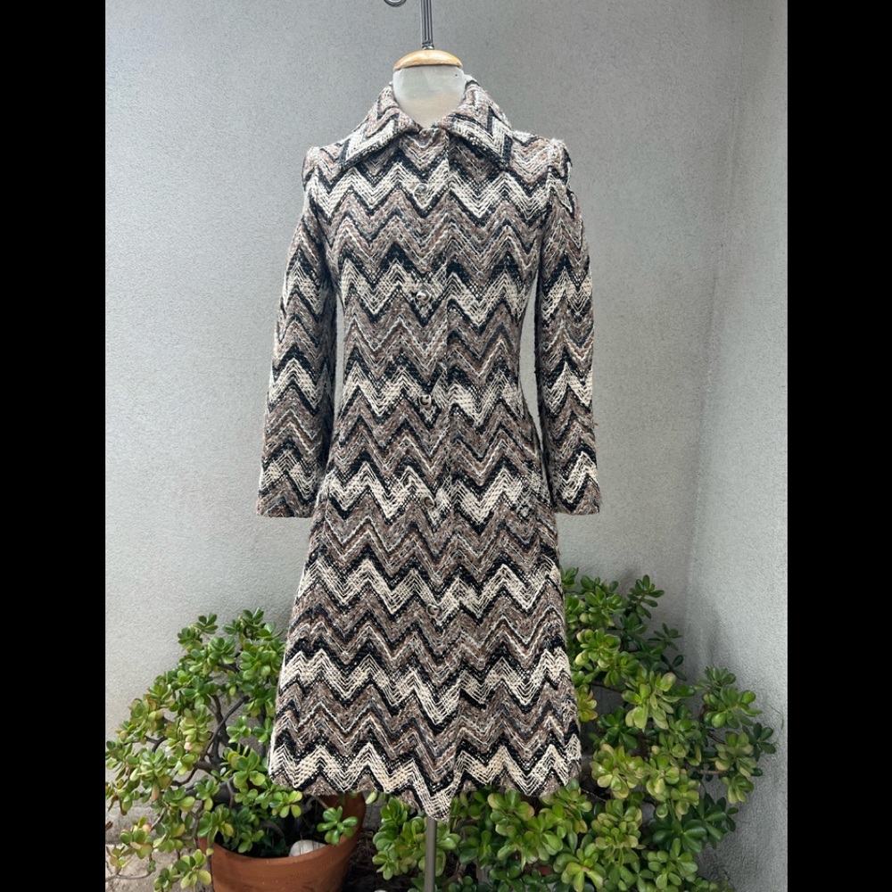 Vintage 70s browns knobby tweed geometric coat pockets Xs/S Sincerely Gidding